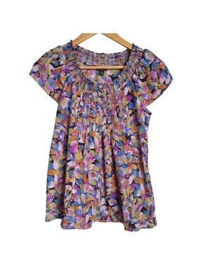 Banana Republic Smocked Neck Sheer Blouse Women Sz Small Multicolor Cap Sleeve